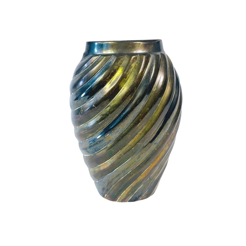 Vtg Wildwood Imports Brass Vase Spiral Ribbed Iridescent Patina Mid Century Boho